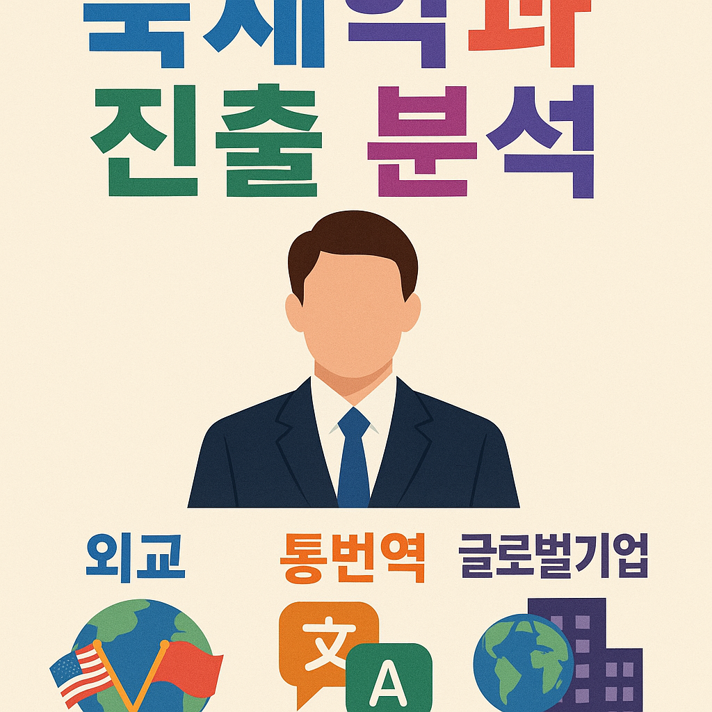 국제학과 진출 분석 포스터. 정장을 입은 남성이 중심에 있고, 아래에는 '외교', '통번역', '글로벌기업'을 상징하는 아이콘들이 배치되어 있으며, 제목과 글자 색상이 다채롭고 배경은 밝은 크림색이다."
