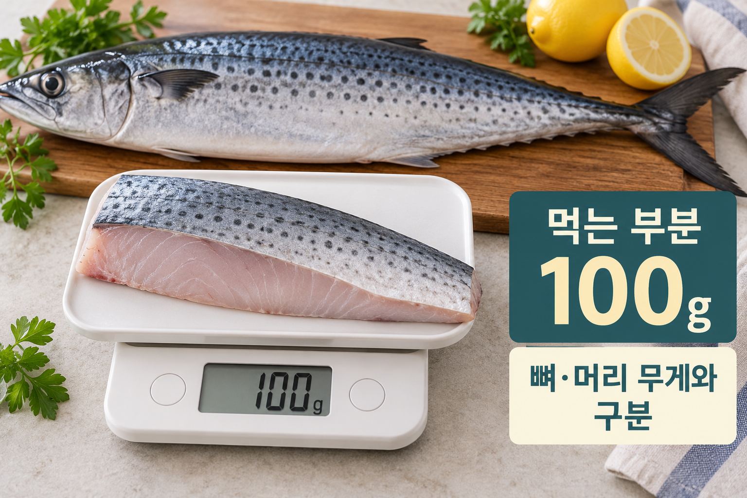저울 위 생삼치 살 100g과 별도로 놓인 통삼치.