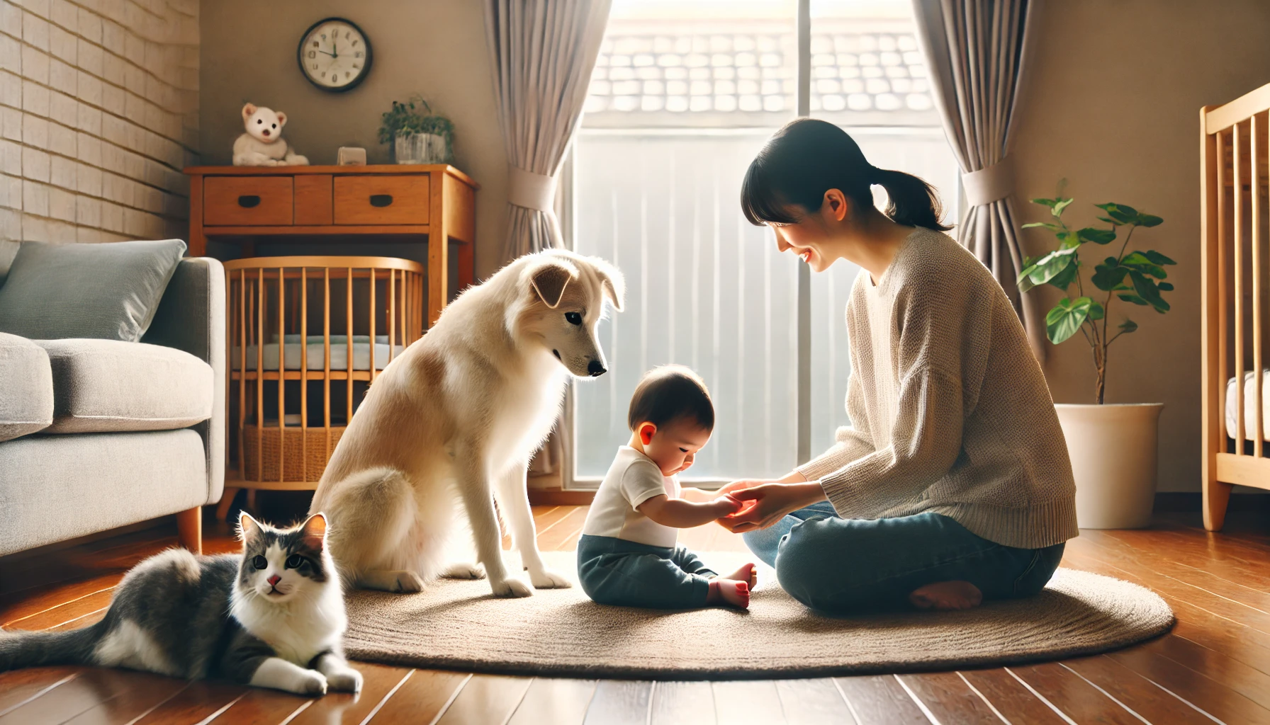 강아지 고양이 아기 엄마가 함께있는 사진