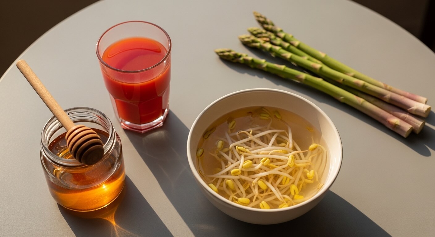 콩나물국-아스파라거스-토마토쥬스-꿀