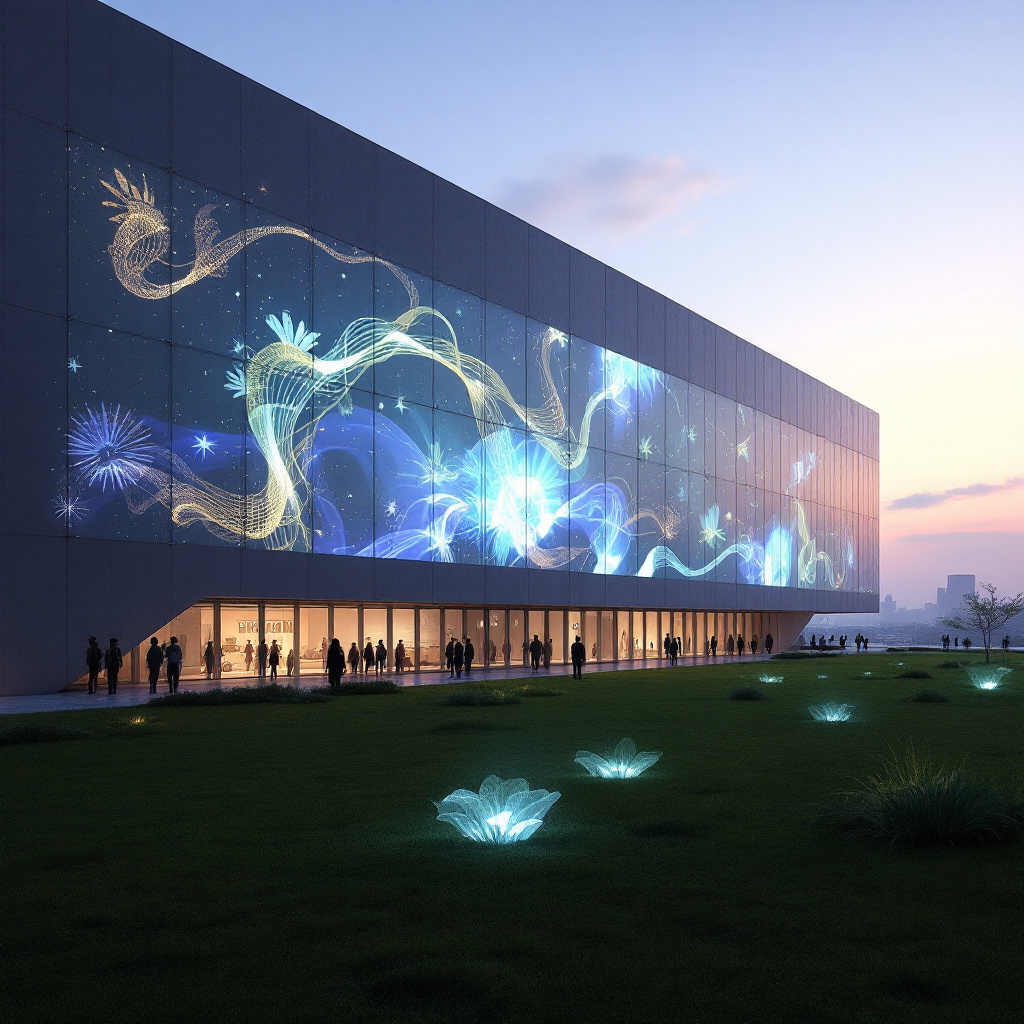 해질 무렵, 유리 외벽을 따라 펼쳐진 환상적인 미디어 파사드가 빛의 생명체처럼 흐르며 전시장과 잔디밭을 은은하게 물들입니다.
