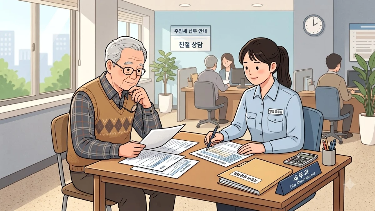 지자체 세무과 사무실에서 한국인 노년 남성이 담당 공무원과 서류를 검토하는 장면