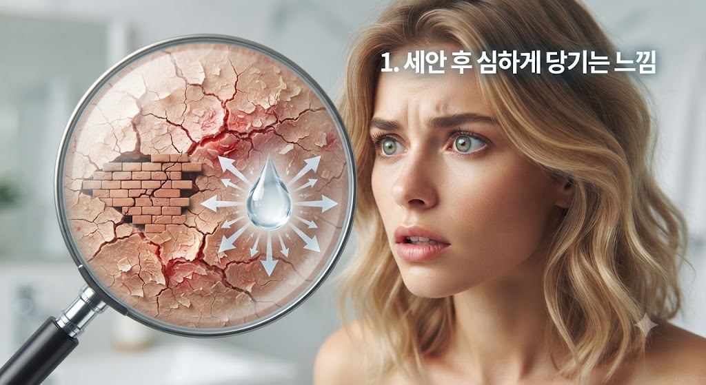 "피부 장벽이 손상되어 건조하고 갈라진 피부를 확대경으로 확인하며 놀라는 여성의 모습"
