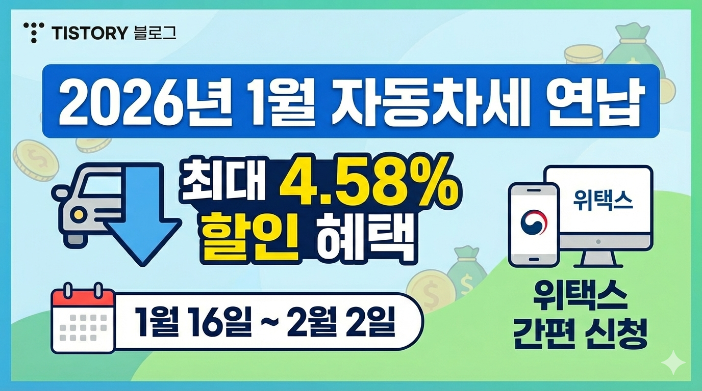 2026년 자동차세 연납 공제율 할인 혜택 및 위택스 신청 방법 안내 타이틀 배너