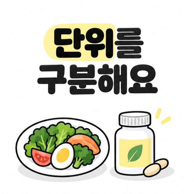 단위를 구분하자는 문구와 음식 접시, 영양제 병을 나란히 놓은 그림