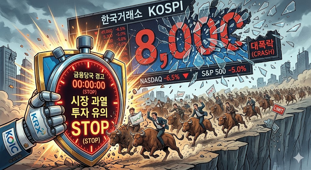 8,000 숫자가 선명하게 깨진 유리 파편처럼 흩어지는 코스피 지수 전광판 아래로, 끝없는 탐욕의 낭떠러지를 향해 질주하는 황소(레버리지 투자자)들을 금융당국의 거대한 경고 스톱워치 방패가 단호하게 가로막아서는 긴장감 넘치는 일러스트
