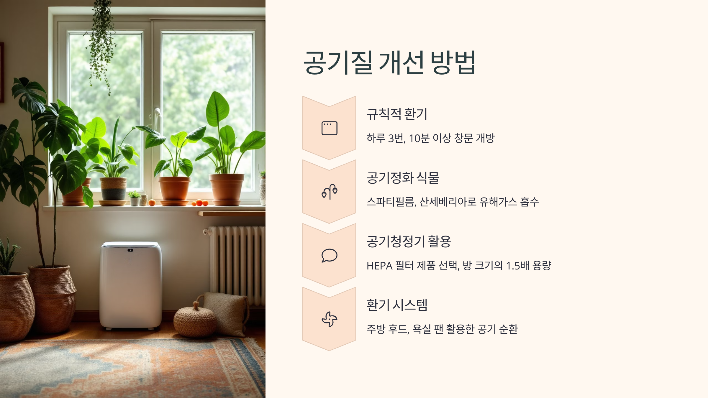 창문 앞에는 식물 화분이 놓여있고 그 아래 공기 청정기가 놓여있다.
