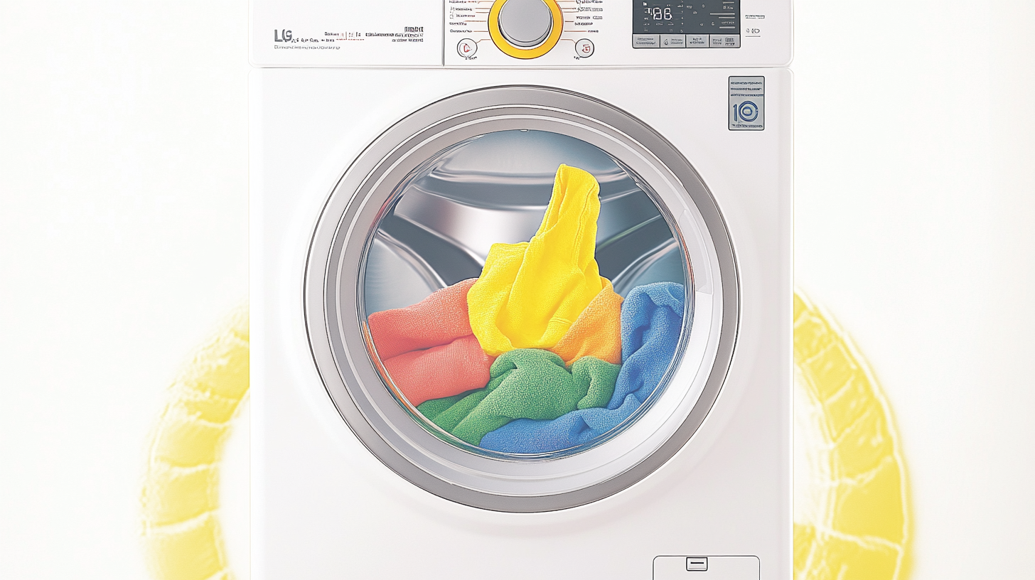 LG 트롬 세탁기의 드럼에 다채로운 세탁물이 가득 차 있으며, 스팀 클리닝 기능이 작동 중인 모습입니다.