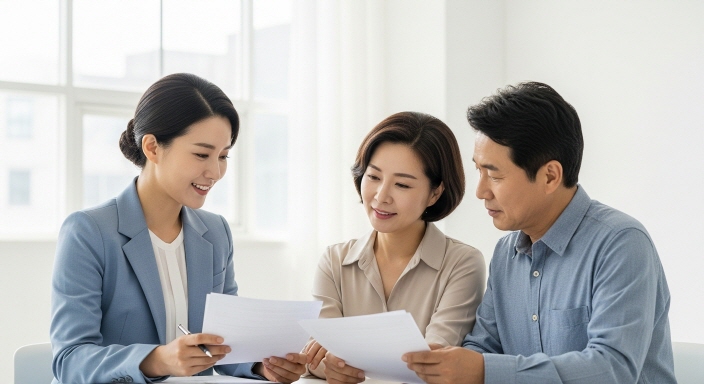 부동산 상담사와 함께 공동명의 재산세를 검토하는 모습