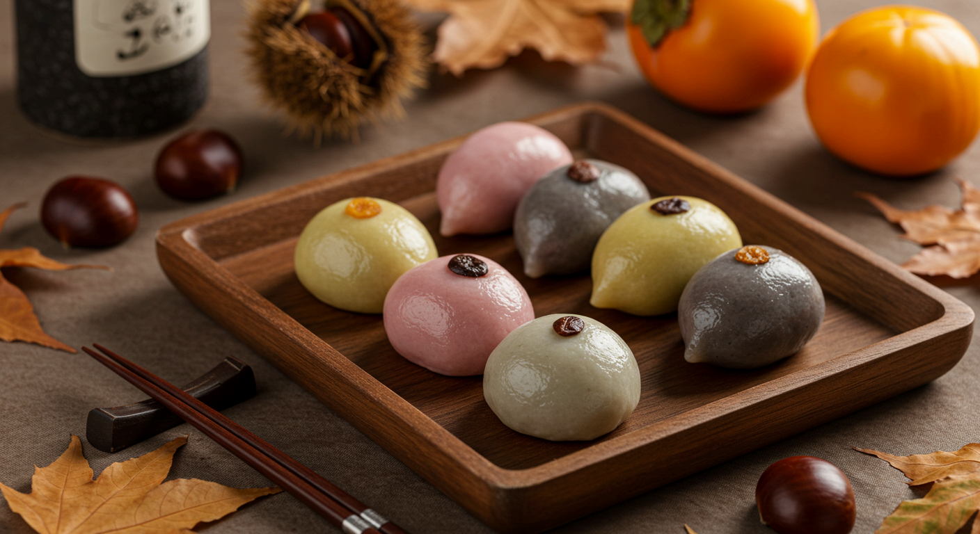 전통 추석 음식 송편이 밤, 감과 함께 가을 분위기 속에 담긴 한국 명절 음식 이미지.