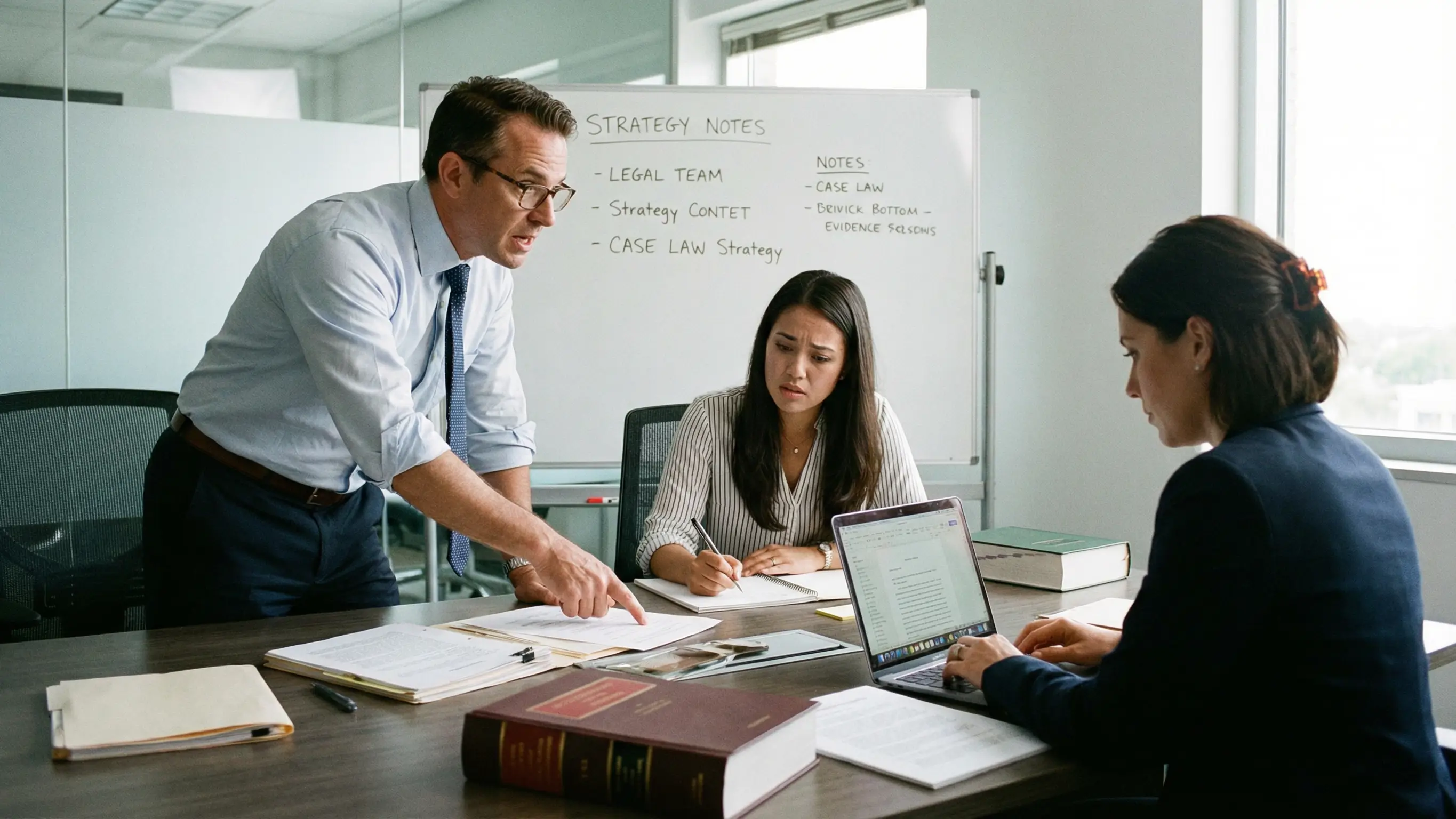 법률 전문가와 함께 서류를 검토하며 소송 대응 전략을 세우는 진지한 모습