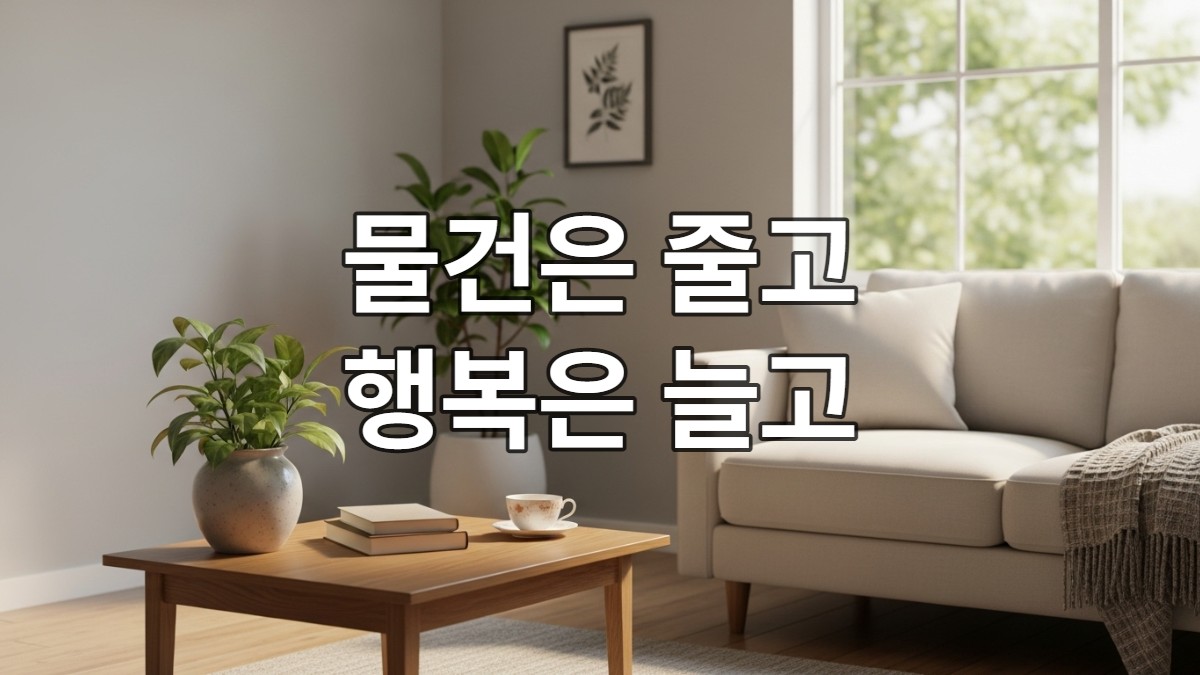 따뜻한 자연광이 드는 고요하고 미니멀한 거실. 물건이 적어 정신적 평화와 명료함을 느낄 수 있는 공간.