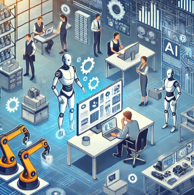 AI와 인간이 공존하는 현대적 노동 환경을 묘사