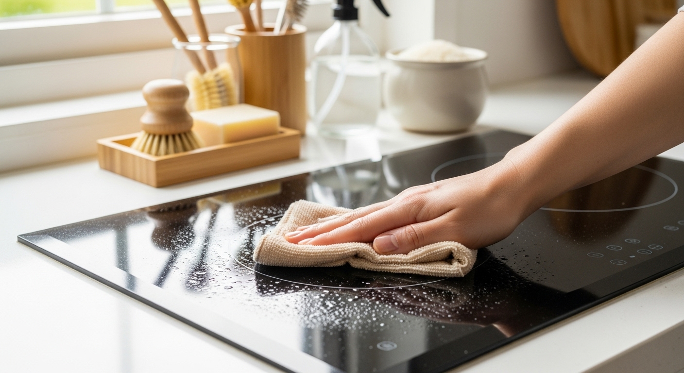 주방에서 쌀뜨물을 활용해 기름때 낀 가스레인지를 깨끗하게 닦는 모습.