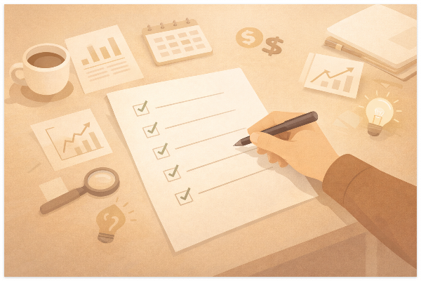 실적과 금리, 일정 등을 점검하며 투자 판단 체크리스트를 확인하는 2D 일러스트