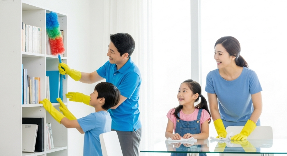 가족이 웃으며 청소하는 모습
