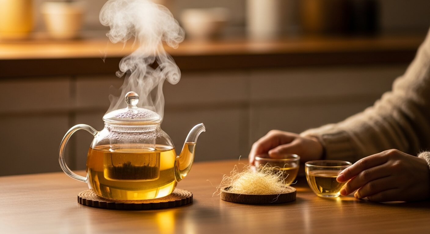 주방 테이블 위에서 김이 나는 옥수수 수염차 주전자와 옥수수 수염을 준비하는 손