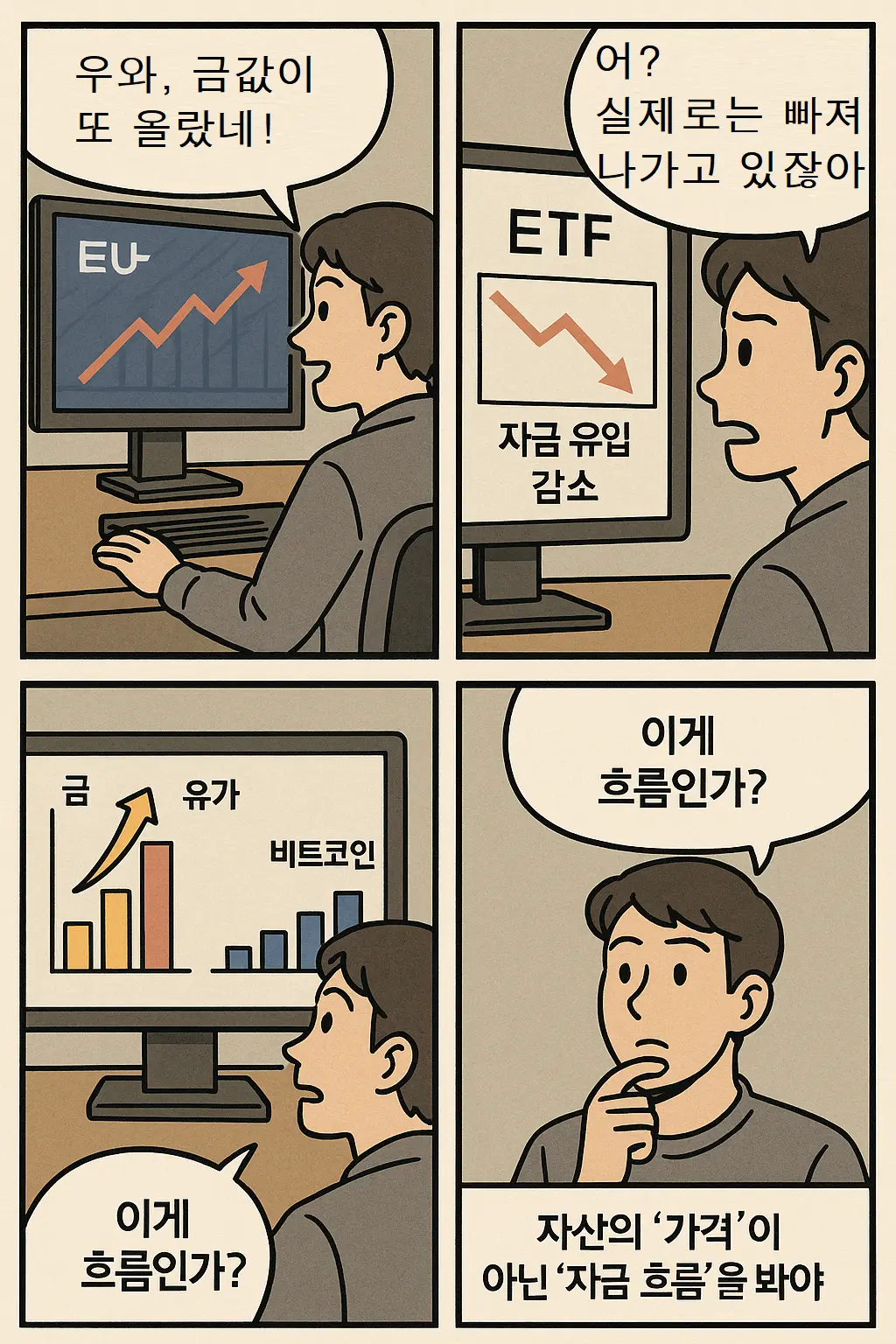 금값 상승 뉴스에 놀라는 투자자와 자금 유입 감소 그래프를 비교하며 자산 흐름을 고민하는 모습