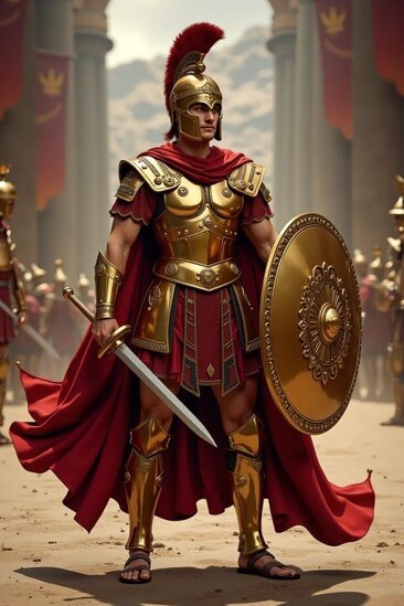 스파르타쿠스-로마-전사가-황금빛-갑옷과-투구-그리고 방패를-들고-적들에-둘러쌓여-있는-모습