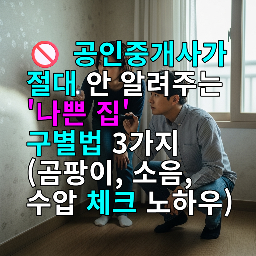 한국의 젊은 부부가 빈 아파트에서 벽면의 하자를 꼼꼼히 체크하고 있는 모습