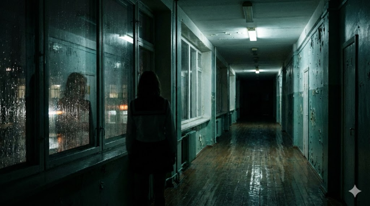 비 오는 밤, 학교 복도 끝에 홀로 서 있는 여학생의 뒷모습. 고립감과 신비로움을 강조