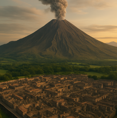 화산 근처의 비옥한 땅 덕분에 도시가 만들어진 모습