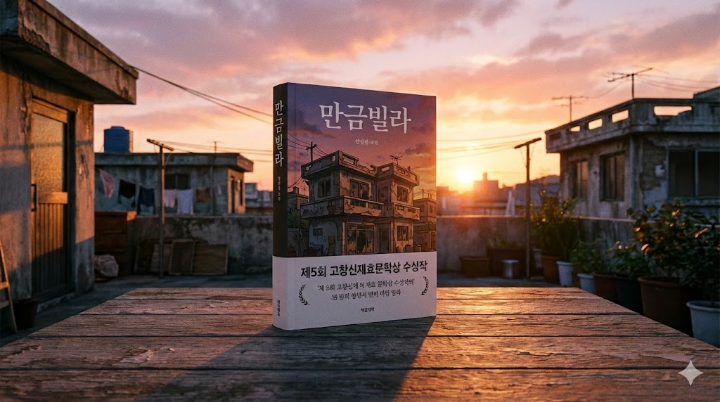 제5회 고창신재효문학상 수상 띠지가 선명하게 둘러진 『만금빌라』 도서 표지와 해 질 녘 노을이 내려앉은 낡은 빌라 옥상의 전경