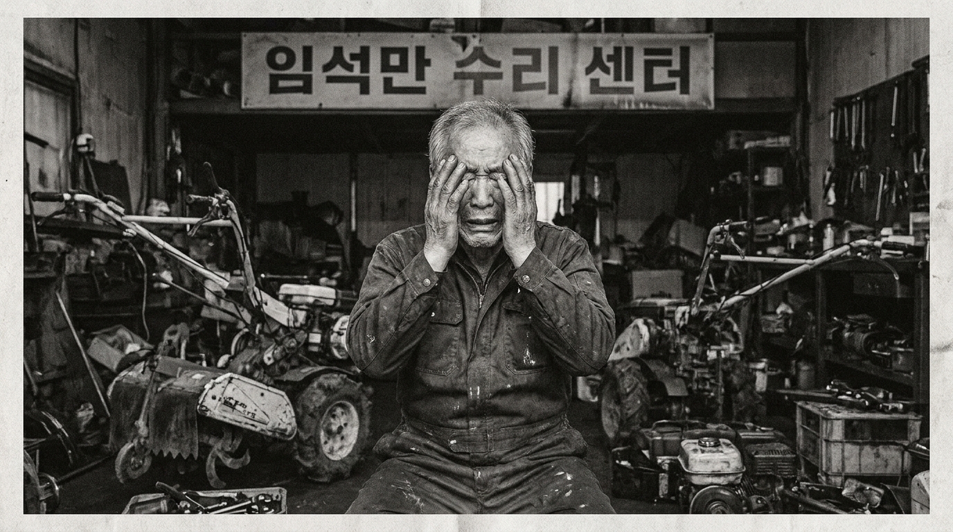 경운기 수리 센터에서 일하는 드라마 허수아비 임석만의 모습