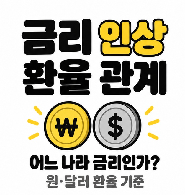 금리 인상 환율 관계 제목과 원화 및 달러 동전 그림 아래 어느 나라 금리인지와 원달러 환율 기준을 확인하는 안내