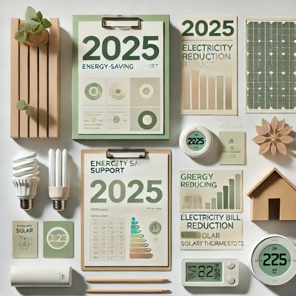 하얀 배경 위에 정리된 전기요금 감면 서류, 그린 리모델링 안내문, 스마트 기기 모형의 전문 스튜디오 촬영 사진