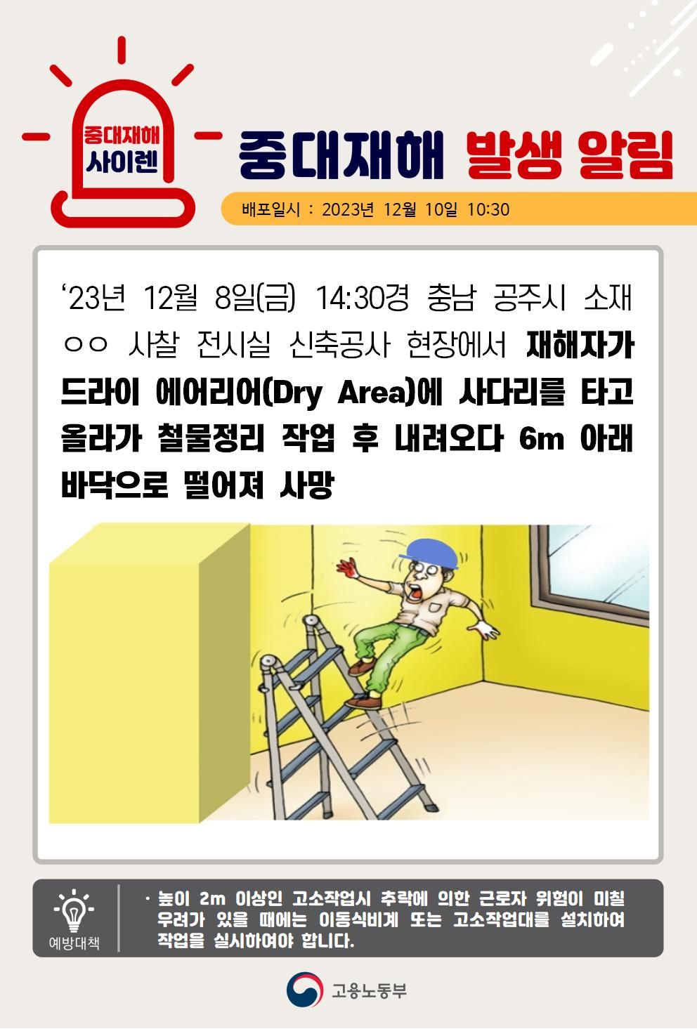 사다리를 타고 올라가 철물 정리 작업 후 내려오다 떨어짐(6m)