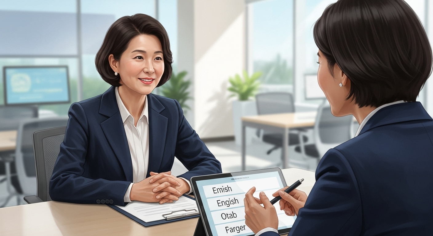 고용지원센터 상담사와 마주 앉아 밝은 표정으로 일자리 상담을 받는 중년 여성 세미리얼 일러스트