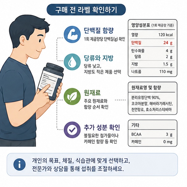 단백질 보충제의 실제 단백질 함량과 당류, 지방, 원재료와 추가 성분을 확인하는 모습을 보여주는 그림