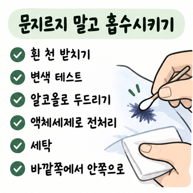 흰 천을 받치고 변색 테스트 후 알코올로 볼펜 얼룩을 두드려 흡수시키는 순서를 보여주는 카드
