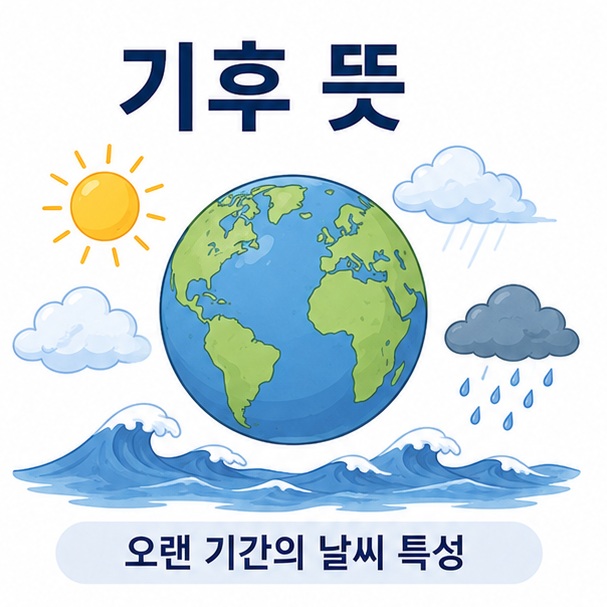 지구와 태양, 구름과 비를 함께 배치해 기후 뜻이 오랜 기간 나타나는 날씨의 평균적인 특성이라는 점을 표현한 대표 이미지