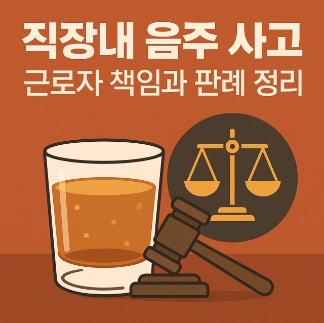 직장내 음주 사고와 근로자의 책임, 사례 및 판례를 설명하는 대표 이미지로, 술잔과 법적 상징 아이콘을 함께 배치한 이미지