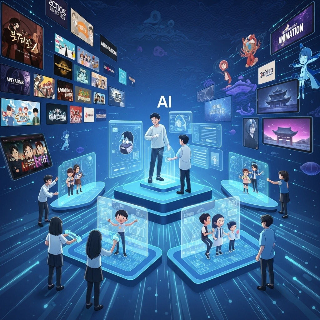 2025년 애니메이션 산업의 트렌드를 보여주는 이미지. AI 기술로 제작되는 애니메이션 캐릭터, 다양한 OTT 플랫폼의 로고, 그리고 한국적인 요소를 담은 K-애니메이션이 융합된 미래 지향적인 모습