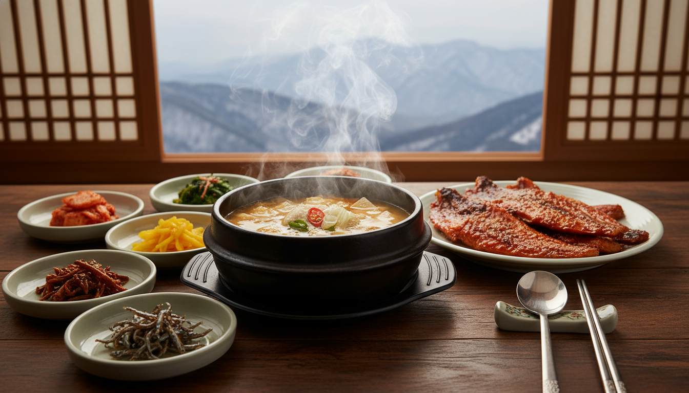 겨울 산행 후 즐기는 평창의 대표 별미인 따끈한 황태국과 매콤달콤한 황태구이 상차림