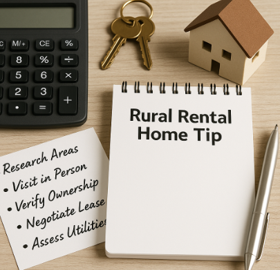 전원주택 모형과 열쇠, 계산기, 메모장 위에 ‘Rural Rental Home Tip’이 적힌 장면