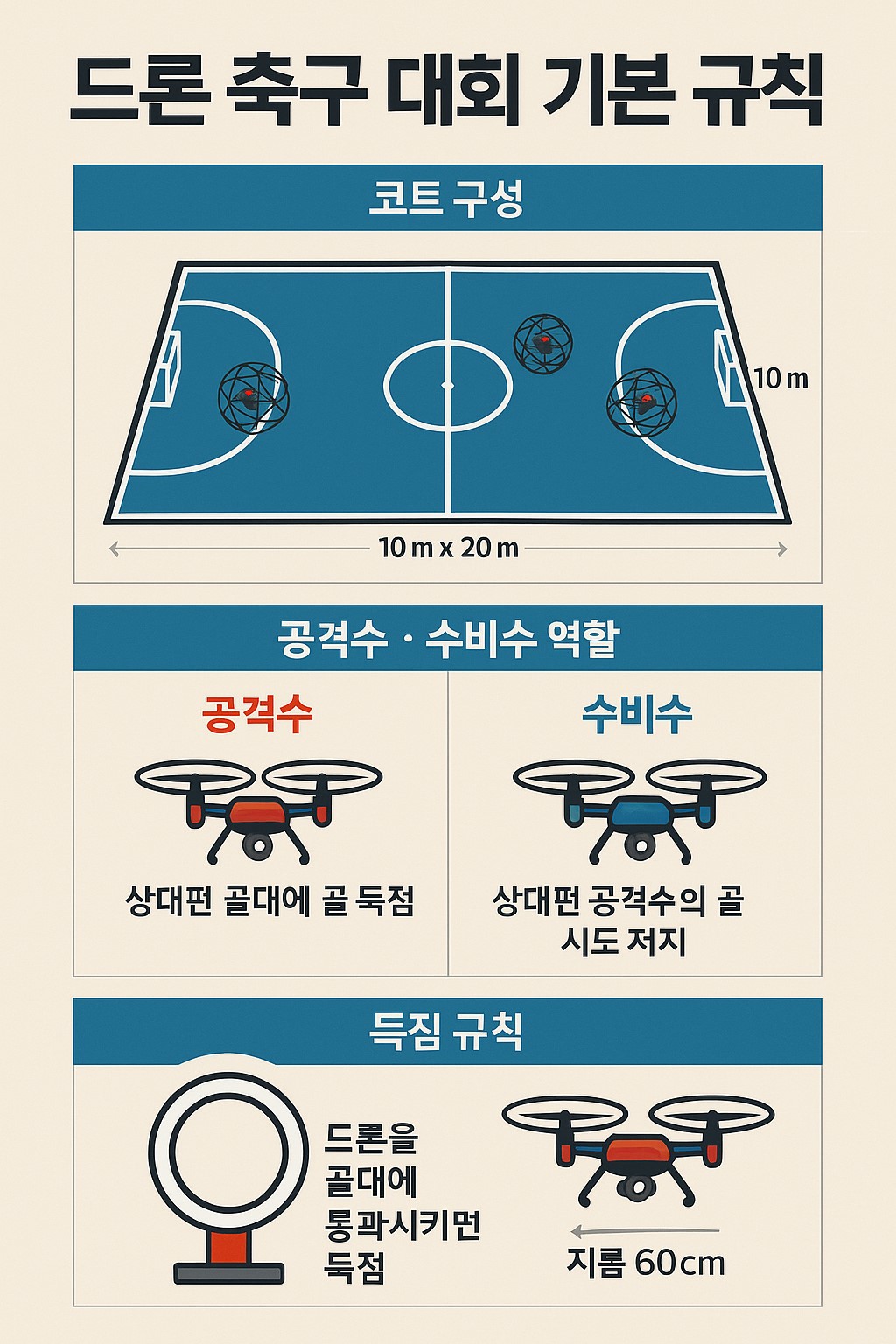 드론 축구 대회의 코트 구성과 공격수&middot;수비수 역할, 득점 규칙을 한눈에 정리한 인포그래픽 예시