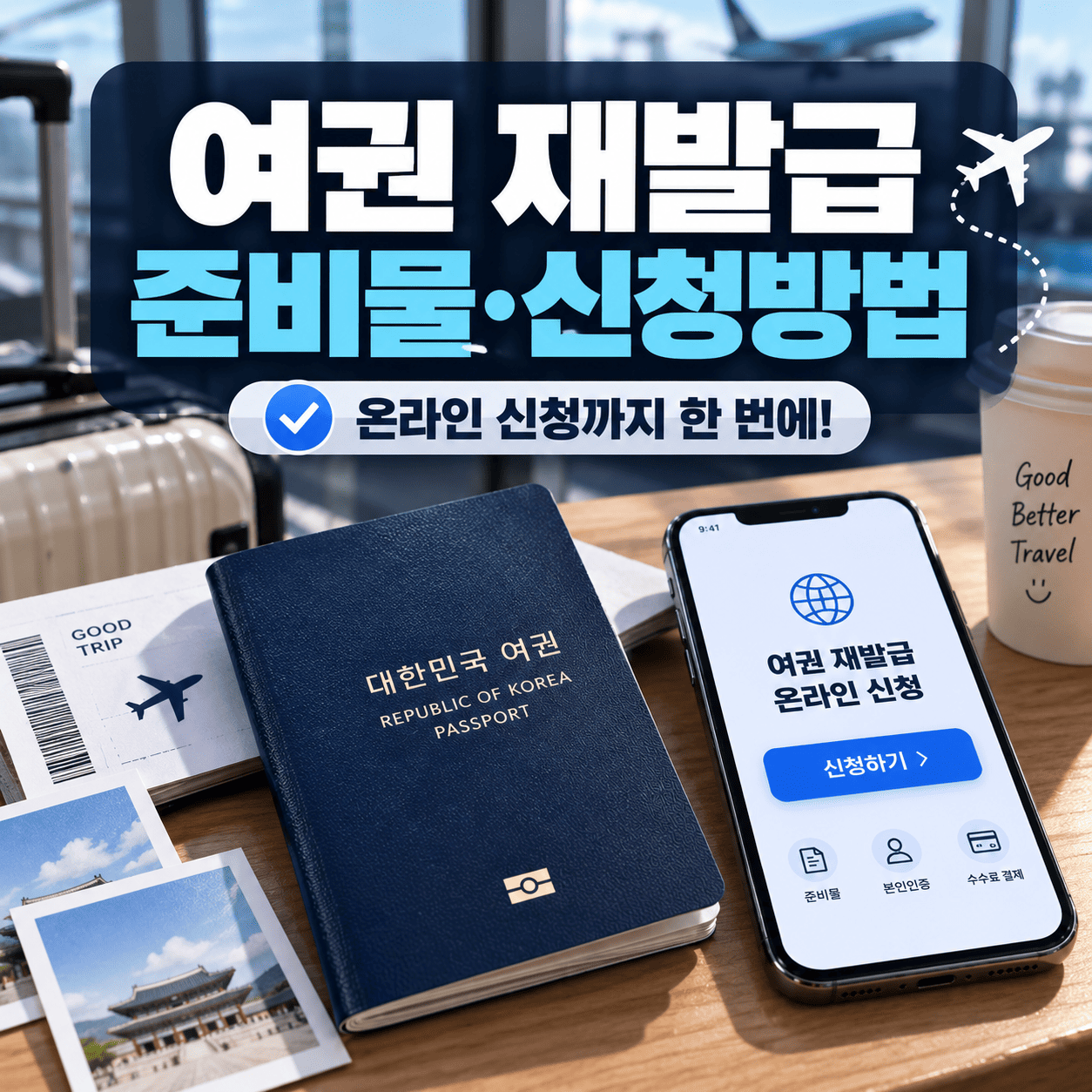 여권과 신분증, 증명사진, 스마트폰 신청 화면으로 여권 재발급 준비 과정을 표현한 이미지