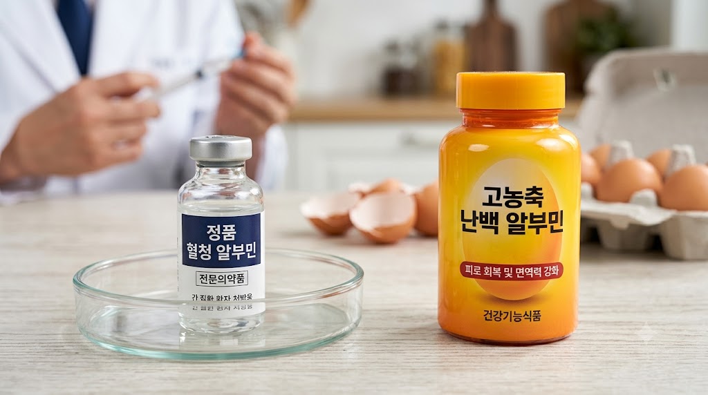 병원용 전문 의약품인 혈청 알부민 주사병과 시중에서 파는 일반 건강기능식품 난백 알부민 영양제 병이 양옆으로 나란히 놓여 있는 모습. 주사병에는 '정품 혈청 알부민'이라는 라벨이 붙어 있고, 노란색 영양제 병에는 '고농축 난백 알부민'이라는 글자가 크게 적혀 있어 두 성분이 명확하게 대비되는 클로즈업 사진. 뒤로는 의사가 주사기를 든 채 흐릿하게 보인다.