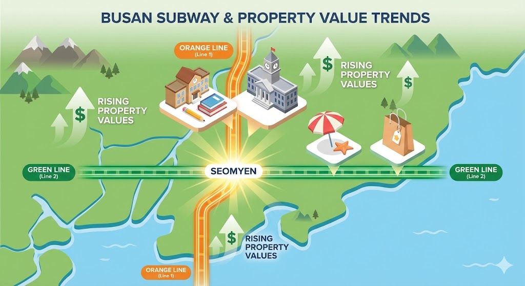 부산 지하철 노선도 인포그래픽, 1호선은 학군과 행정 중심 2호선은 바다와 상권 중심임을 표현한 이미지