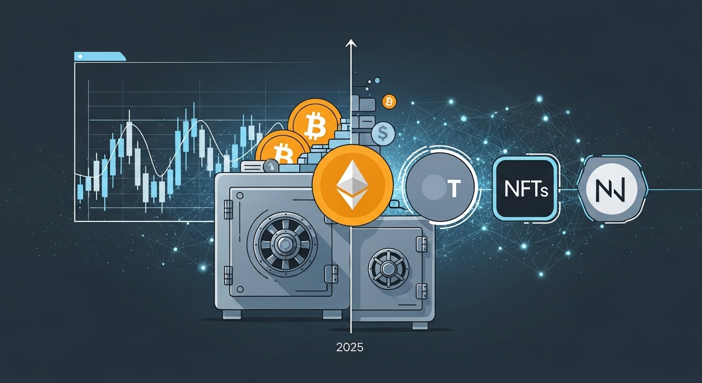 2025년 디지털 자산 시장의 미래를 상징하는 이미지. 비트코인, 이더리움, NFT 아이콘과 주식 그래프가 융합된 모습으로, 전통 금융과 블록체인 기술의 조화를 시각적으로 표현.