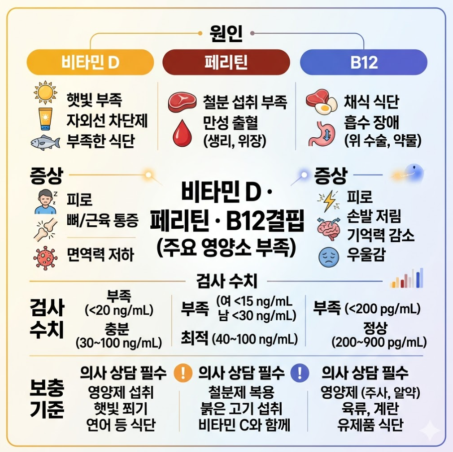 비타민 D 페리틴 B12 결핍 원인 증상 검사 수치 보충 기준 정리 인포그래픽