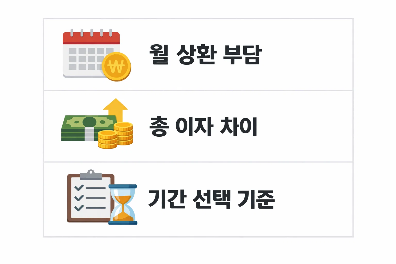 보금자리론 대출기간에 따라 월 상환 부담과 총 이자 차이가 어떻게 달라지는지 초보자 기준으로 비교한 선택 가이드 이미지