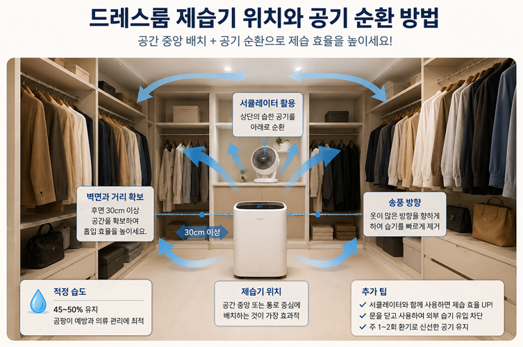 드레스룸 중앙에 제습기를 배치하고 서큘레이터를 함께 사용해 공기를 순환시키는 방법을 설명하는 이미지. 적정 습도 45~50% 유지와 제습기 후면 공간 확보, 효율적인 습도 관리 방법을 시각적으로 정리했습니다.