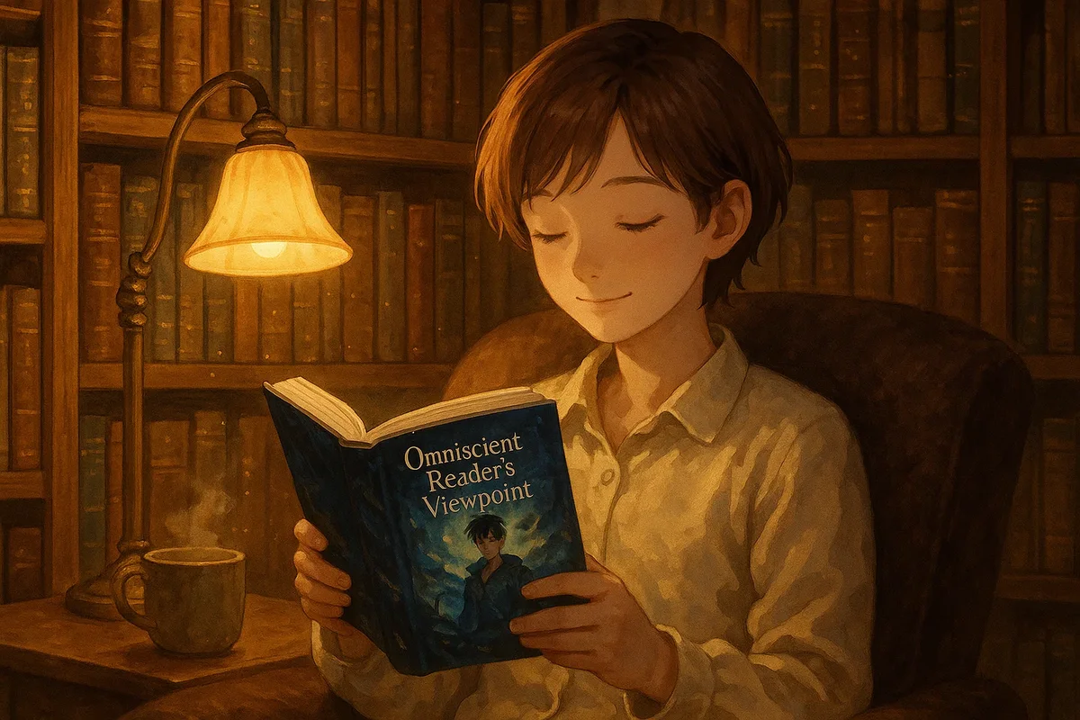 책장 앞에서 독서하는 소년