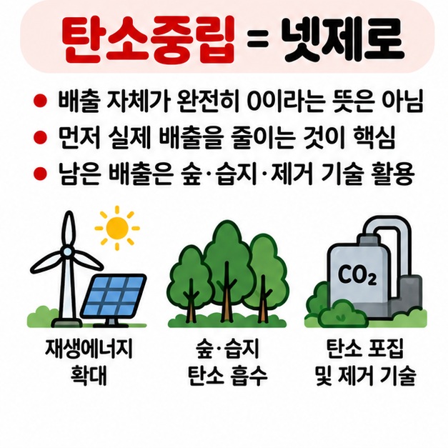 탄소중립 넷제로 탄소제로 탄소상쇄의 의미와 차이를 간단하게 비교해 보여주는 카드