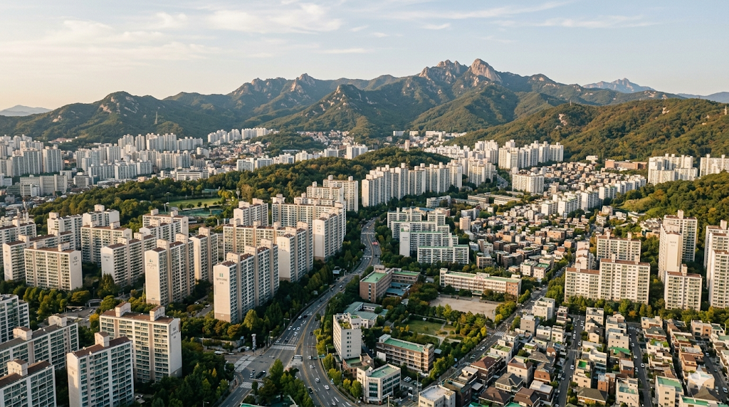 서울 강북권 아파트 단지 전경, 매물 부족과 가격 상승을 상징한다. 멀리 북한산 인수봉이 보인다.